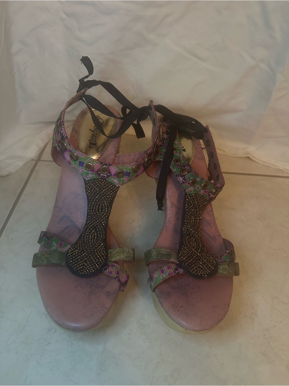 NWOT Desigual Pink and Multicolor Beaded Wedge Sandals